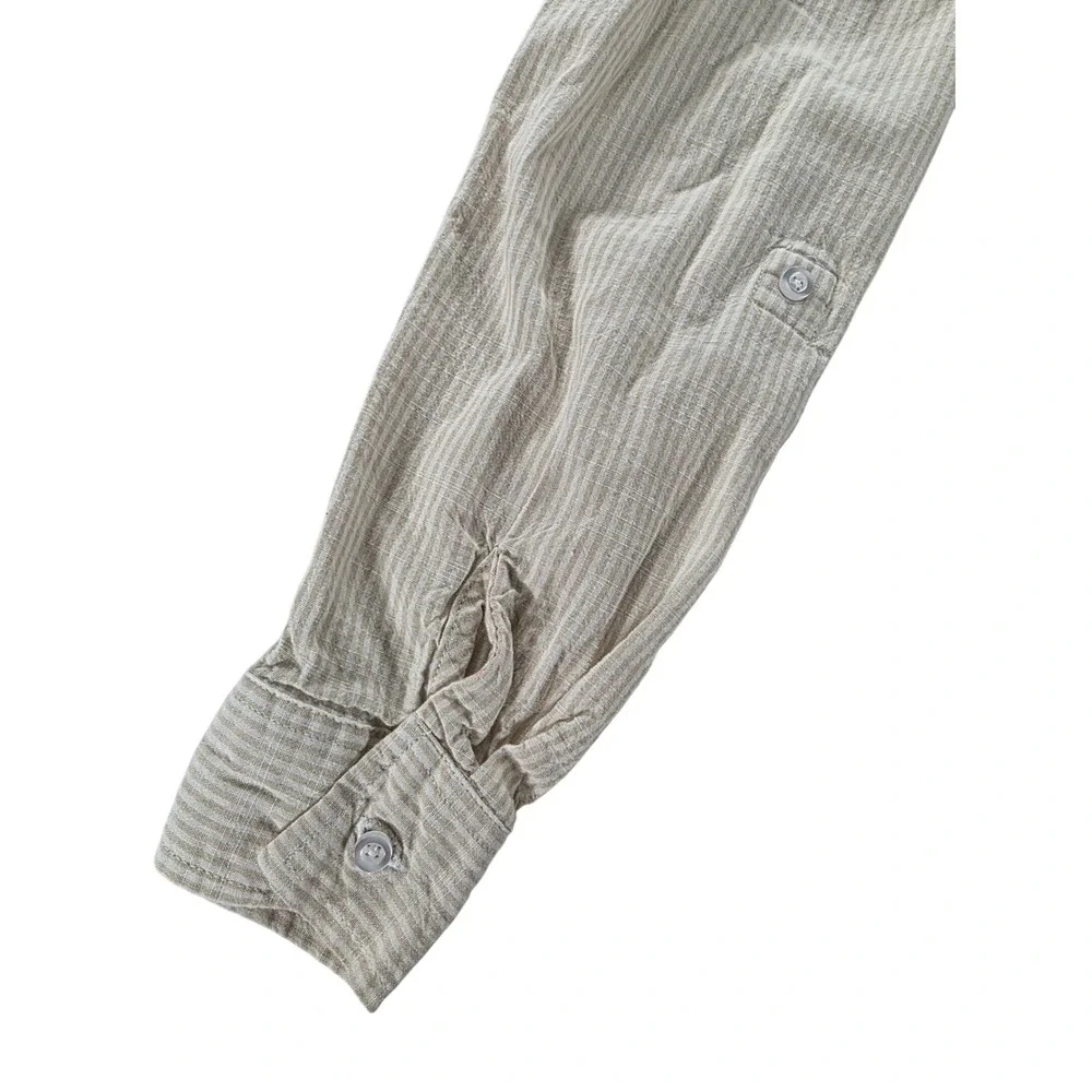 Japna M Tan‎ Beige Striped Boyfriend Button Up Linen Blend Casual Shirt Blouse